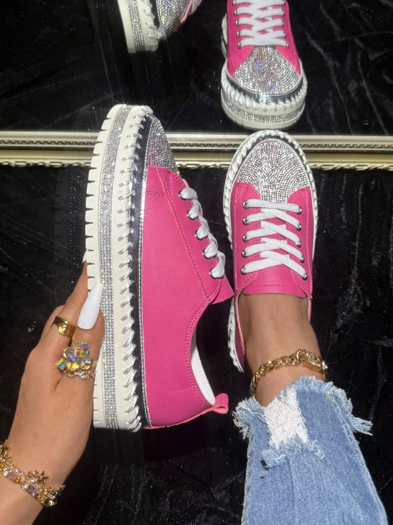 Women's Fashion Glittering Lace up Sneakers Casual Trendy Trainers, Trendy Colorblock Soft Comfortable Athletic Sports Shoes, Casual Versatile Shoes for Daily Wear, Walking Shoes
