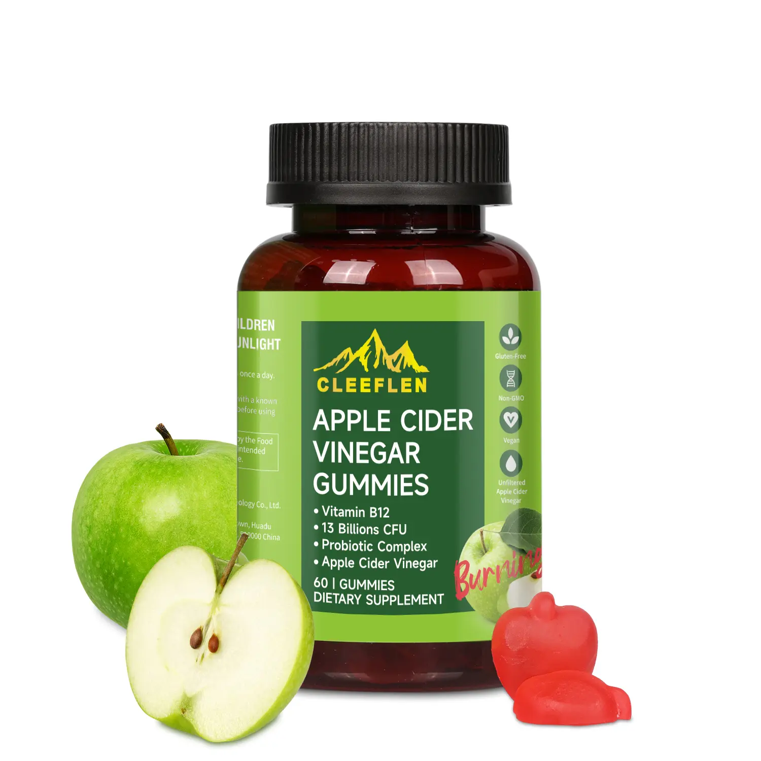 CLEEFLEN Apple Cider Vinegar Gummies, with Vitamin B12 and Probiotics, Supports Digestive Health, Detox Cleanse, Immune Boost, Gluten-Free, Suitable for Vegetarians [60 Gummies] Natural Supplement