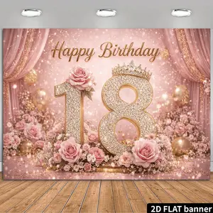 2D Flat Banner Polyester Photography Backdrop, HD Digitally Printed Soft Lightweight Foldable Background Cloth, Pink Rose Gold Glitter 18th Happy Birthday Theme with Roses, for Birthday Party Decorations, Photo Booth Props, Studio