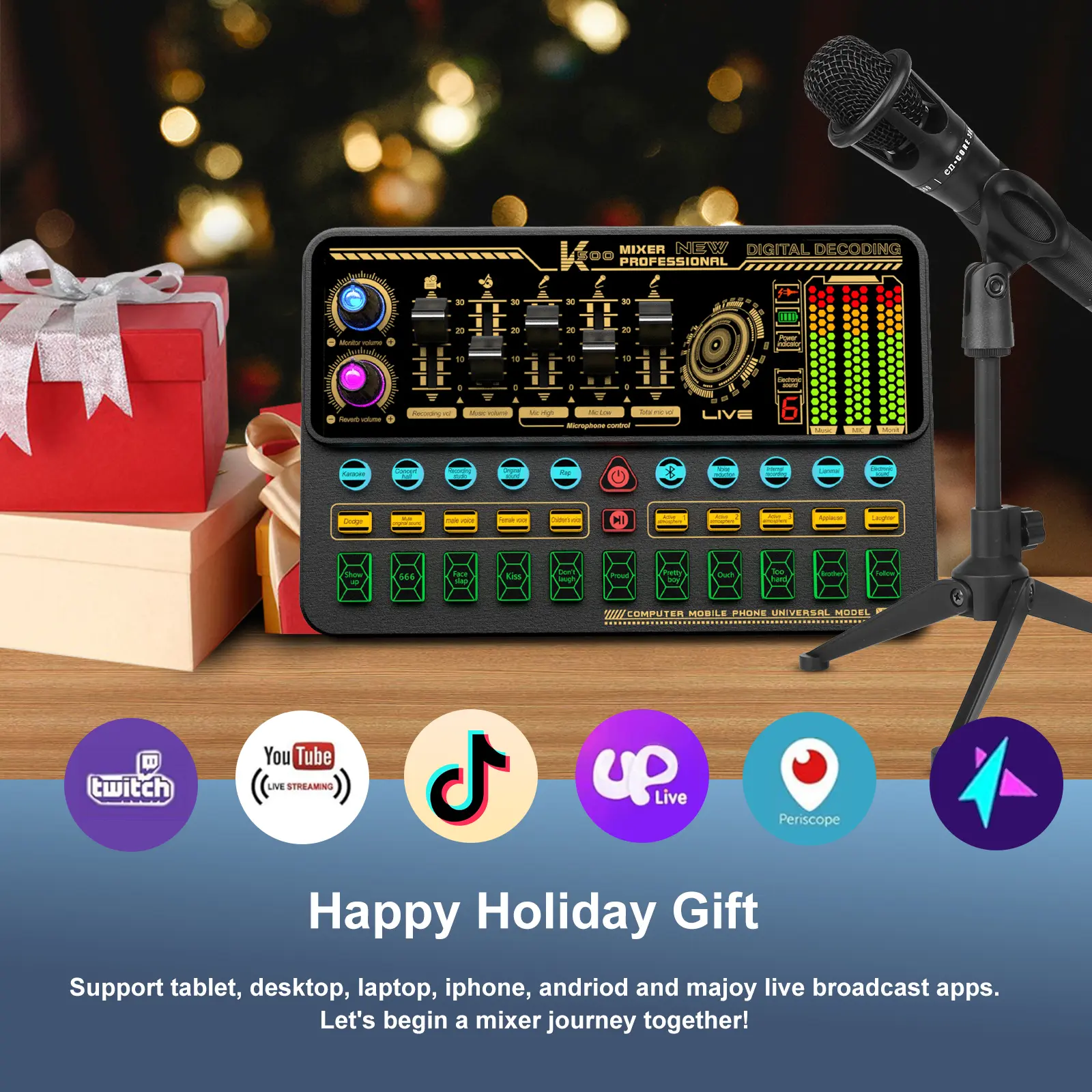 HOSABELY Battery-Powered Live Sound Mixer & Audio Interface Karaoke System - Mobile/Smartphone Compatible, Volume Fader, Voice Changer, Sound Effects, Mini Microphone, Card Recording, Streaming - Phone Electronics Accessory