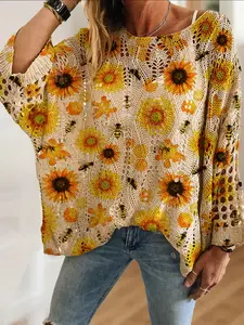 Women's Sunflower Bee Print Knit Top, Loose-Fitting Batwing Shoulder Design, Casual Elegant Vacation Style, Comfortable Breathable Sweater