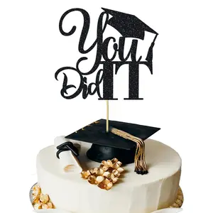 1pc Glitter You Did It Bamboo Cake Topper Graduation Cap Cake Decorations High school university postgraduate graduation theme party Cake Decorations Happy graduation cake Topper