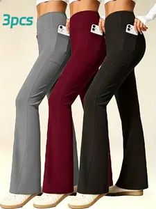 3pcs Women's High-waisted Stretch Flared Pants - With Pockets On The Elastic Waistband, Suitable For All Seasons, Machine Washable For Casual Wear, Elegant Design, Comfortable And Breathable Material, Fashionable Pants