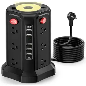 Surge Protector Power Strip Tower with 5 USB Ports and Night Light, 10FT Extension Cord with 12 AC Multiple Outlets,  Power Tower, Overload Protection for  Office Dorm Room (Black)