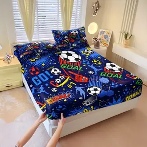 3Pcs Soccer Themed Fitted Sheet Set, Unique Design Vibrant Blue Wallpaper Style with Action Player Silhouettes, Colorful 'GOAL!' and Black-White Soccer Balls, Perfect for Young Fans' Bedrooms and Sport Lovers' Decor. Includes 2 Pillowcases, No Pillow Core