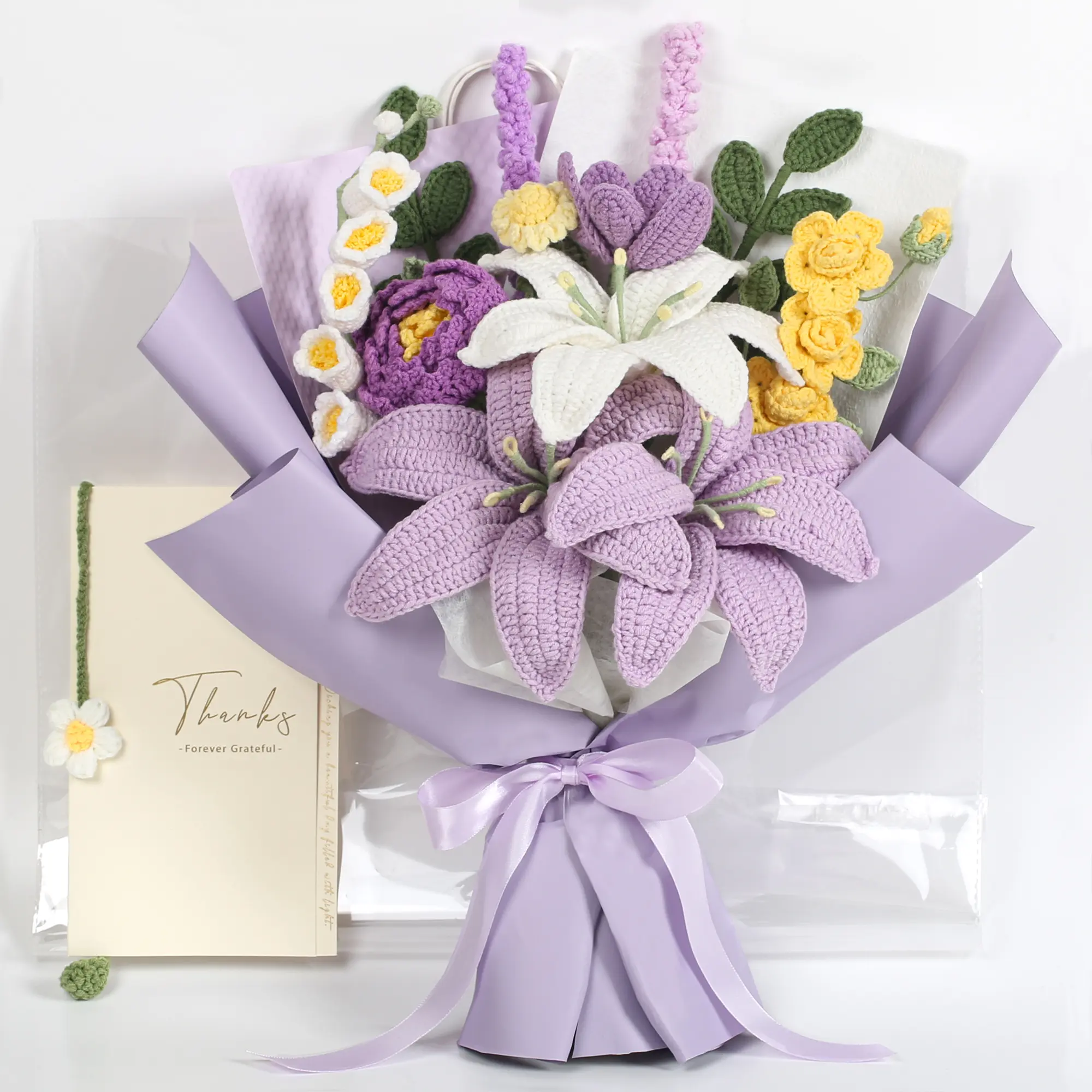 Crochet Flowers Bouquet Premium Edition - Hand Knitted Lily Crochet Flower Bouquet for Home Decor, Weddings, Birthdays, Mother's Day - Includes Gift Bag and Greeting Card, Faux Flower