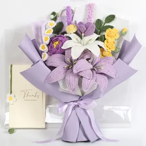 Crochet Flowers Bouquet Premium Edition - Hand Knitted Lily Crochet Flower Bouquet for Home Decor, Weddings, Birthdays, Mother's Day - Includes Gift Bag and Greeting Card, Faux Flower