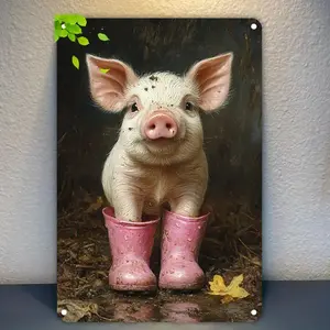 Vintage Farmhouse Metal Wall Art - 8X12 Inch Pig in Rain Boots, Indoor/Outdoor Decor for Kitchen, Cafe, Bar - Rustic Farmhouse Decoration with Pink Boots