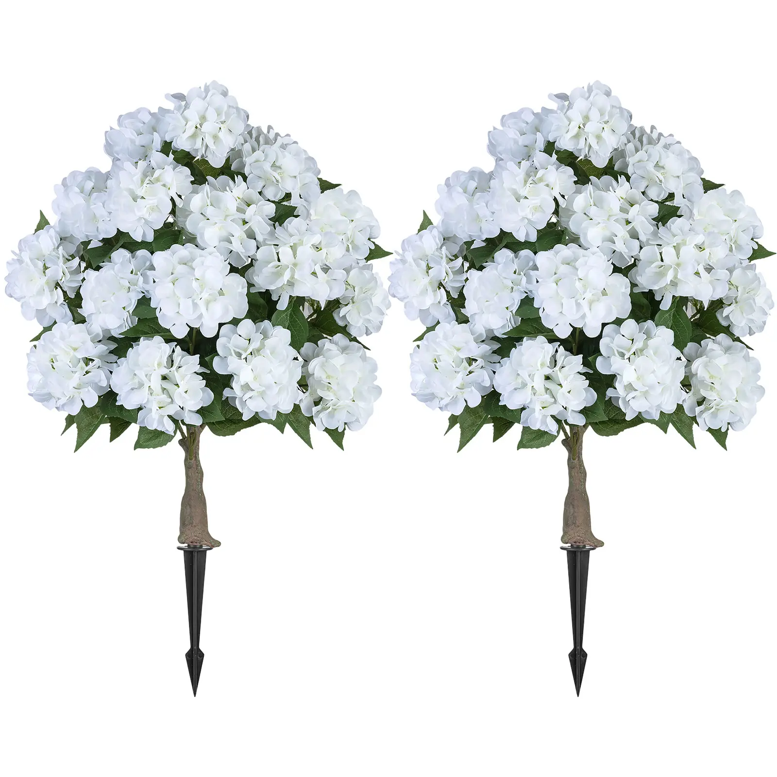 Fake Hydrangea Trees for Outdoors - 2 Packs 33" White Artificial Flower Topiary Ball Trees for Front Porch Decor - 20 Heads Faux Silk Hydrangea Bush Plants with Spike for Garden Yard Patio