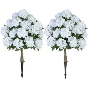 Fake Hydrangea Trees for Outdoors - 2 Packs 33" White Artificial Flower Topiary Ball Trees for Front Porch Decor - 20 Heads Faux Silk Hydrangea Bush Plants with Spike for Garden Yard Patio