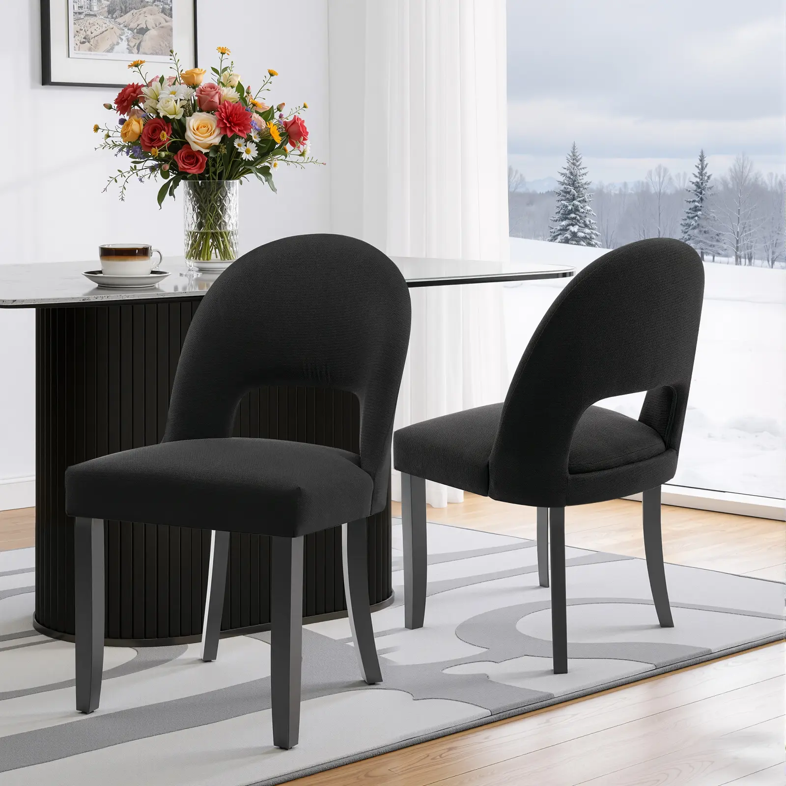 FREKEN Mid Century Modern Upholstered Dining Chairs Set of 2 - Open Backrest Fabric Chairs with Solid Wood Legs for Kitchen, Dining Room, Upholstered Chair farmhouse indoor furniture vintage