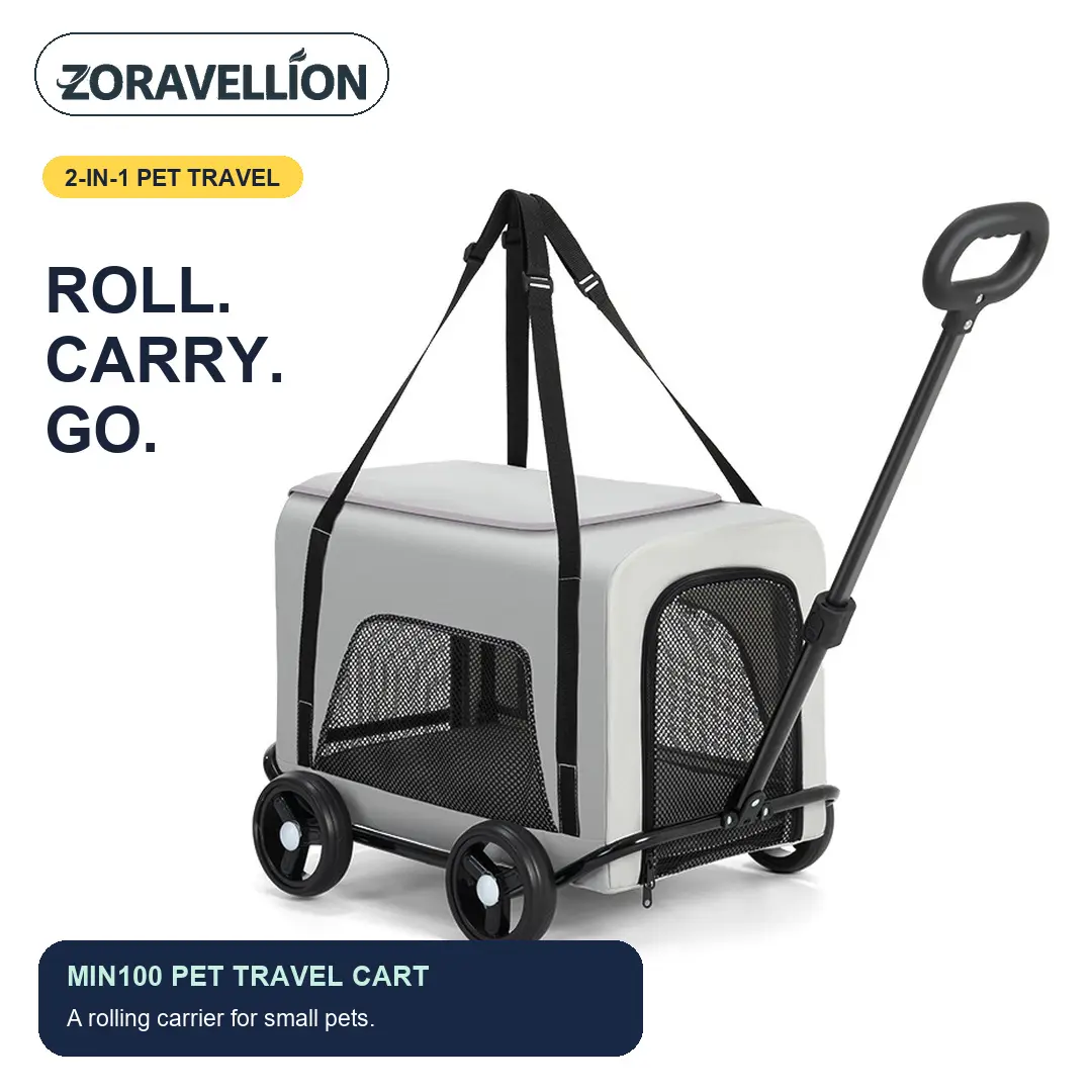 Zoravellion  2-in-1 Pet Travel Cart, Rolling Pet Stroller Carrier with Pull Handle, Carry Straps, Mesh Windows, Wheeled Cat and Small Dog Carrier, Silver