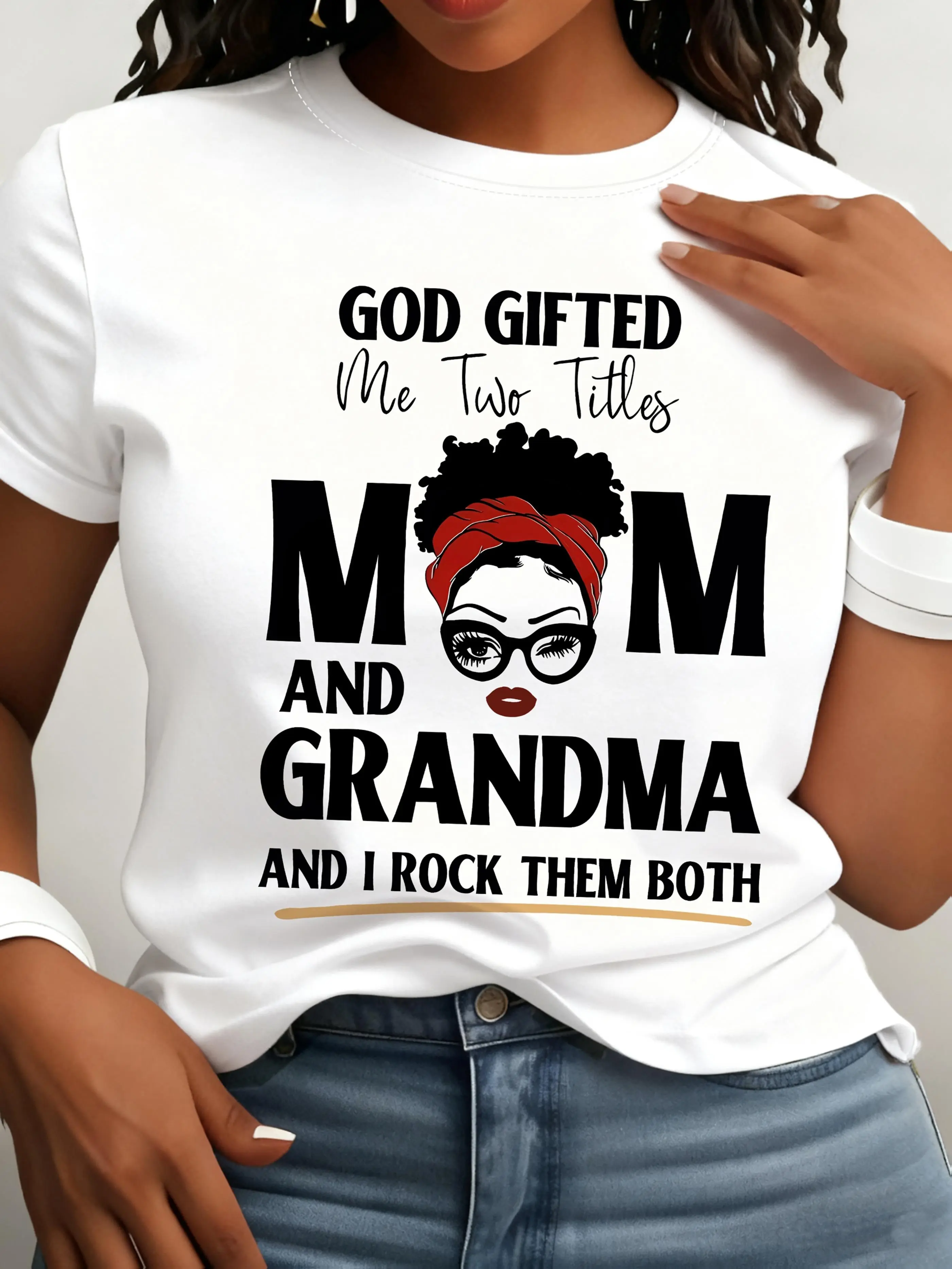 Women'S Casual Crew Neck T-Shirt with "God Gifted Me Two Titles Mom and Grandma" Letter Print,  Polyester Knit Fabric, Short Sleeve Top for All Seasons - 180gsm