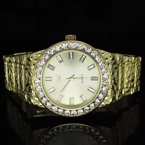 MaxBling81 Men's Gold Watch - Iced Hip Hop Luxe Golden Nugget Bling Metal Quartz Watch, Shiny Round Analog Dial Unisex Wristwatch for Women, Gold Watches