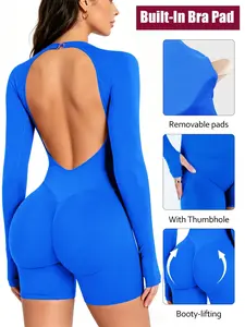 Seamless Long Sleeve Backless Romper, Seamless Jumpsuit Tummy Control Romper for Women Workout Yoga Gym Seamless One Piece Jumpsuit Tummy Control Gym Shorts for Women, Workout Yoga Gym Seamless One Piece