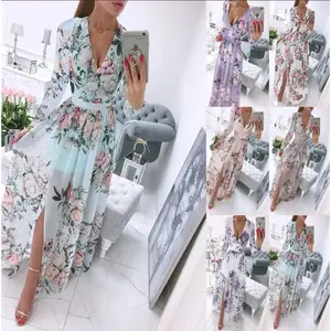 Women's Summer Loose Boho Flowy Wrap V Neck 3/4 Sleeve Floral Print Slit Beach Wedding Guest Long Maxi Dresses