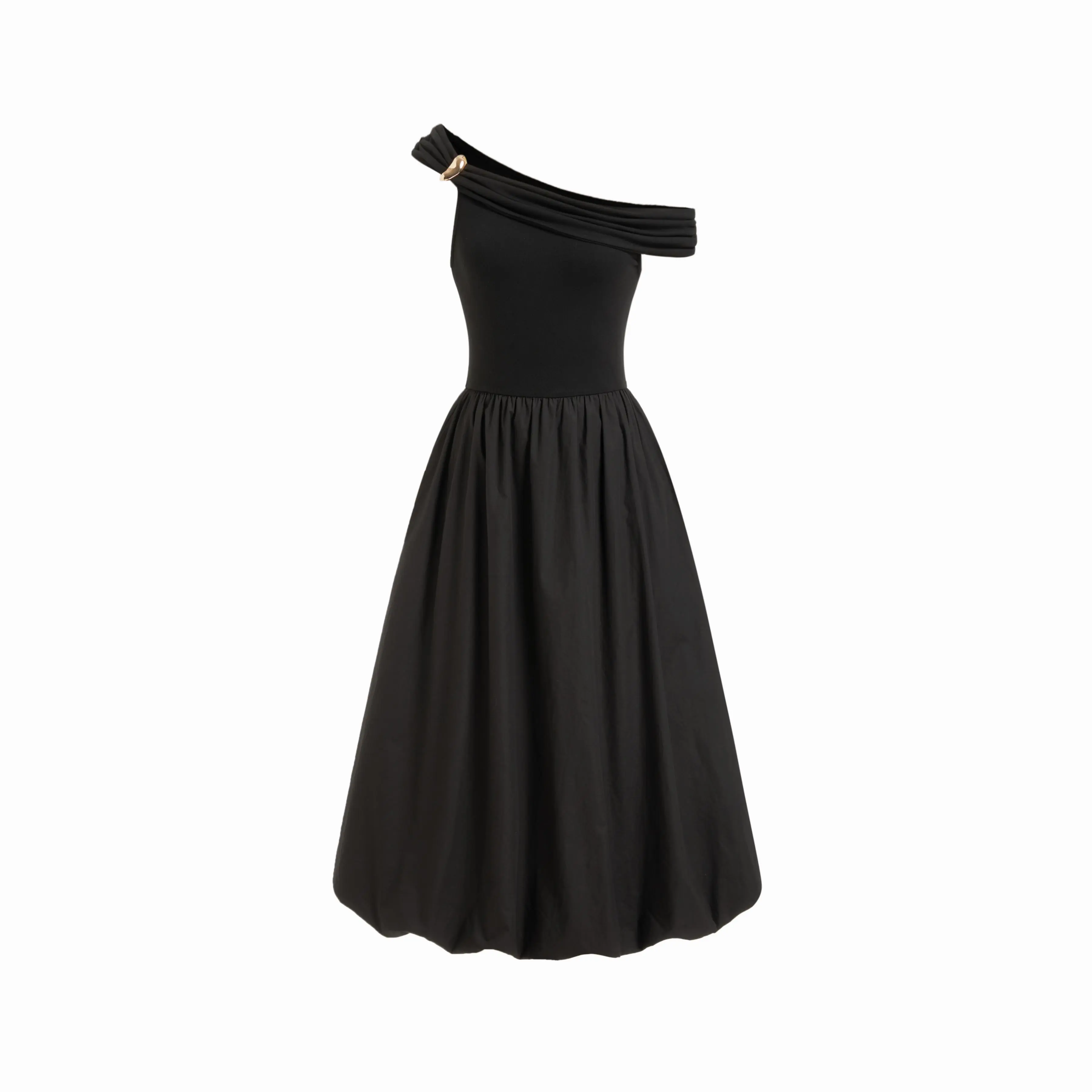 Cider Cotton-blend Asymmetrical Neck Metal Button Bubble Hem Maxi Dress