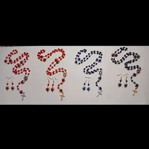 Divine Mercy in Silver Tone or Gold Tone chain in Red or Blue 6mm Plastic Beads with  matching earrings.
