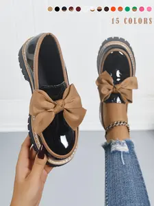 Women's Bowknot Loafers, Flat Walking Shoes, Spring & Fall Casual PU Leather Shoes, Plain Pattern, Less Than Ankle Height, PVC Sole