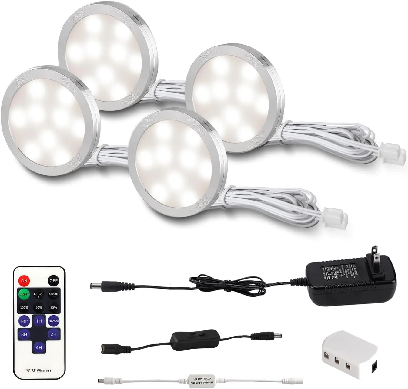 4 Pack LED Puck Lights with Remote – Under Cabinet Kitchen Lights Plug in, Dimmable Wired Puck Lights for Closet Shelf Display (4000K Natural White)