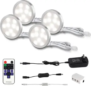 4 Pack LED Puck Lights with Remote – Under Cabinet Kitchen Lights Plug in, Dimmable Wired Puck Lights for Closet Shelf Display (4000K Natural White)
