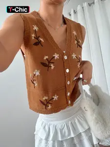 Women's Floral Embroidery Button Front V Neck Sweater Vest, Lady Casual Chic Sleeveless Sweater Vest for Summer, Crochet Clothes, Fashion Women's Knitwear for Daily Wear, Summer Tops, Womenswear, Chic Elegant Vest, Floral Pattern Vest