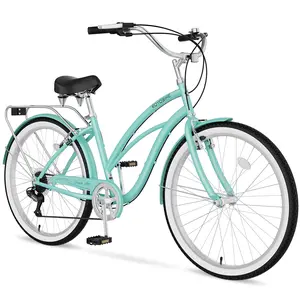 EOYOBIKE Beach Cruiser Bike for Women and Men, 24/26 Inch 7-Speed Adult Bicycle, Comfortable Step-Through Frame with Rear Rack, Classic City Cruiser