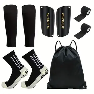 5pcs Set Soccer Socks and Leg Guards with Straps and Bag |   Polyester, Elastane, Mid Calf, Knit Fabric, Solid Color, Hand Wash