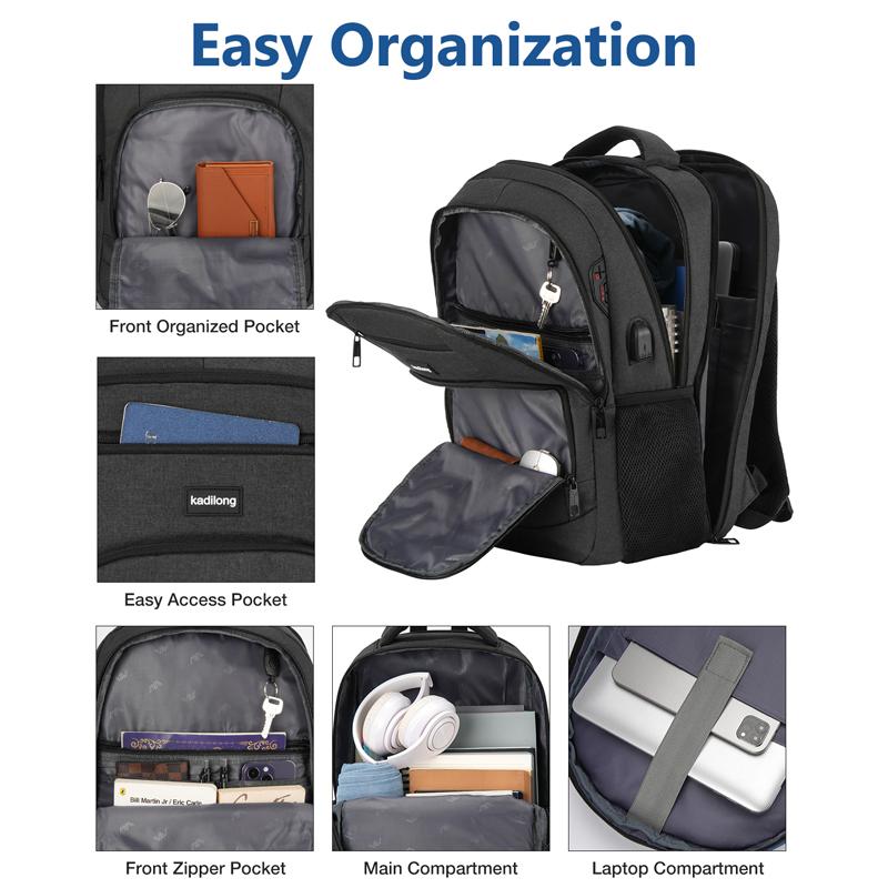 kadilong 15 Inch Large Anti-theft Laptop Backpack with USB Charging Port, Headphone Jack & Password Lock, Water Resistant Backpack for Students, Working Adults, School, Work & Travel