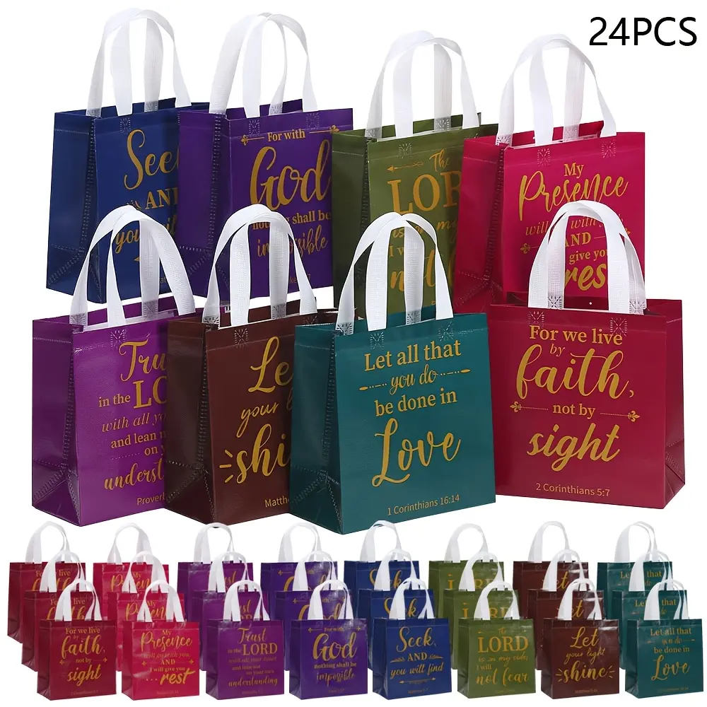 24pcs Inspirational Scripture Printed Non-Woven Tote Bags, Durable Polypropylene Religious Gift Bags, Reusable Shopping Bags with Handles, Eco Friendly Totes, for Christian Baptism, Wedding, and Birthday Party Favors