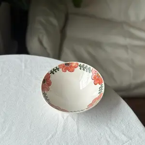 Handmade pottery bowl with red orange, blue California poppy. Flower ceramic tableware. Birthday, wedding, festival gift.