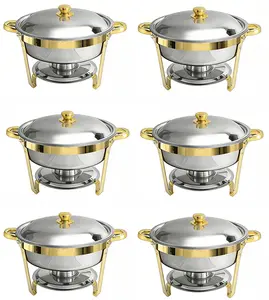 6-Piece Golden Round Plate Casserole Set with Stainless Steel Lids, Stackable Metallic Kitchen Cookware with Pan Handles, Ideal for Home and Outdoor Buffet Use