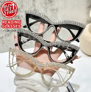Fashionable Cat Eye Reading Glasses with Rhinestone Accents, Magnification Strengths from +1.00 to +2.50, Suitable for Seniors, Newspaper Reading, Smartphone Viewing, and Watching TV