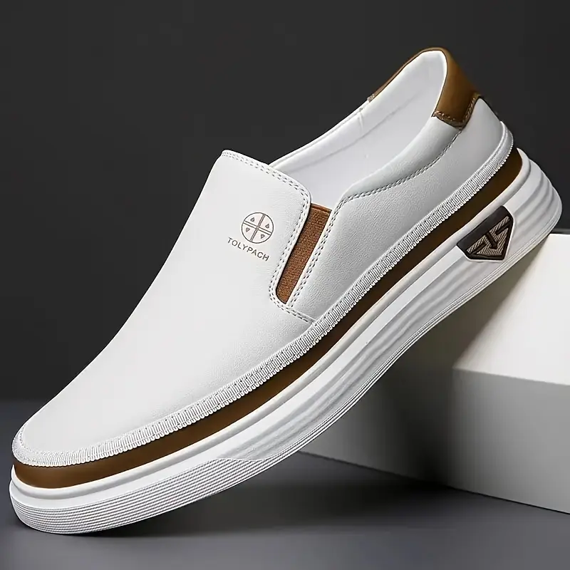 Men's fashionable one foot loafers - soft upper, non slip rubber sole, white with brown and gold accents, suitable for daily casual wear, vacation shoes |   decorative stitching |   synthetic shoes, formal shoes