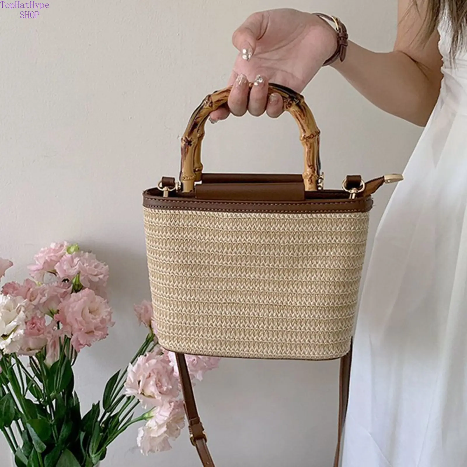 Crossbody Bucket Bag for Women, Handmade Bamboo Straw Woven Beach Bag with Top Handle for Summer Vacation, Casual Trendy Handbag, Handmade Woven Bag