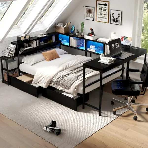 Bellemave Modern Storage Bed Frame with Bookcase - Metal, 2 Underbed Storage Drawers, LED Lights, USB Port Charging Station, Left-Right Interchangeable Design, Compact Corner Modern Bedroom Furniture, Requires Setup, App or Key Control