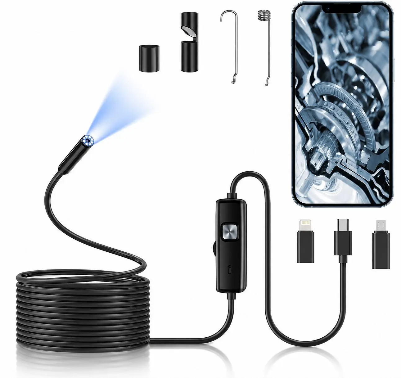 16.5ft Endoscope Camera with Lighting, 1920P HD Industrial Endoscope (featuring 8 adjustable LEDs), Semi-rigid Snake Probe, IP67 Waterproof Inspection Endoscope, Compatible with iOS and Android Systems