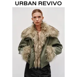 URBAN REVIVO Women's Faux Fur Trim Padded Jacket - Long-Sleeve Coats, Casual Spring Statement Outerwear, Style UWJ150052, Leggings & Jeans Pairing Options