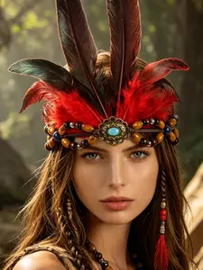1PC Bohemian Feather Headband, Native Indian Style Turquoise & Beaded Feather Headpiece for Women, Tribal Costume Accessory for Halloween, Festivals & Cosplay