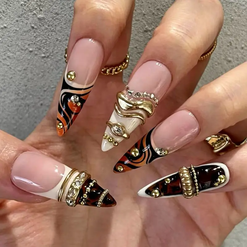 SHEDARES Tortoise Luxe – Luxury Press-On Nails with Tortoiseshell Art, Sculpted Gold Accents, Crystal Details & Glossy Nude Base – Perfect for Night Out & Special Events
