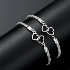 2 Pcs Set Love Heart Couple Bracelets for Women Men Silver Color Color Double Layer Matching Chain Bracelet Lover Jewelry Gift