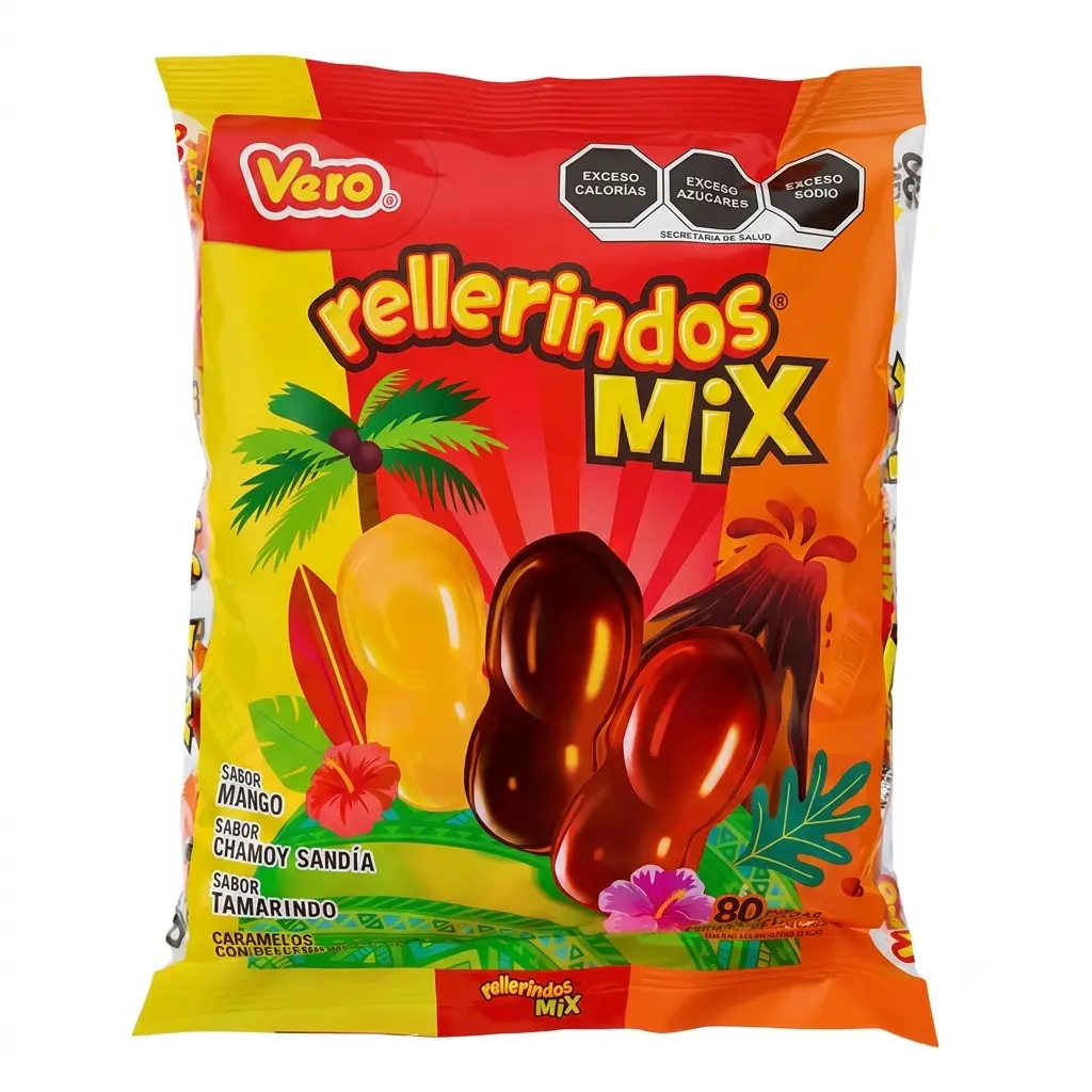 Vero Rellerindos Mix (80 Count) - Hard Candy With Spicy Filling - Flavors of Chamoy/Watermelon, Mango, and Tamarindo