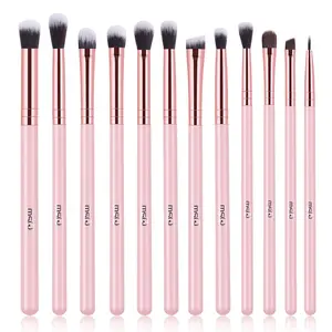 Eye Makeup Brushes Set with Soft Synthetic Hairs & Real Wood Handle for Eyeshadow, Eyebrow, Eyeliner, Blending (Pink), 12pcs