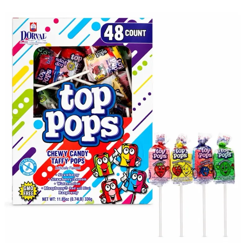 Top Pops Taffy Pops 48 Pack 4 Assorted Fruit Flavor Lollipops Candy Sweet Snack Bonbon Watermelon Lemon Strawberry Taffy Candy Variety Bulk Box