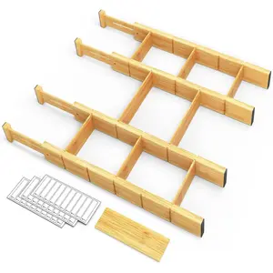Bamboo drawer dividers, with inserts and labels, adjustable kitchen drawer organizer, expandable storage system for home, office, and dressing table, 4 dividers with 9 inserts (17"-22" natural color)