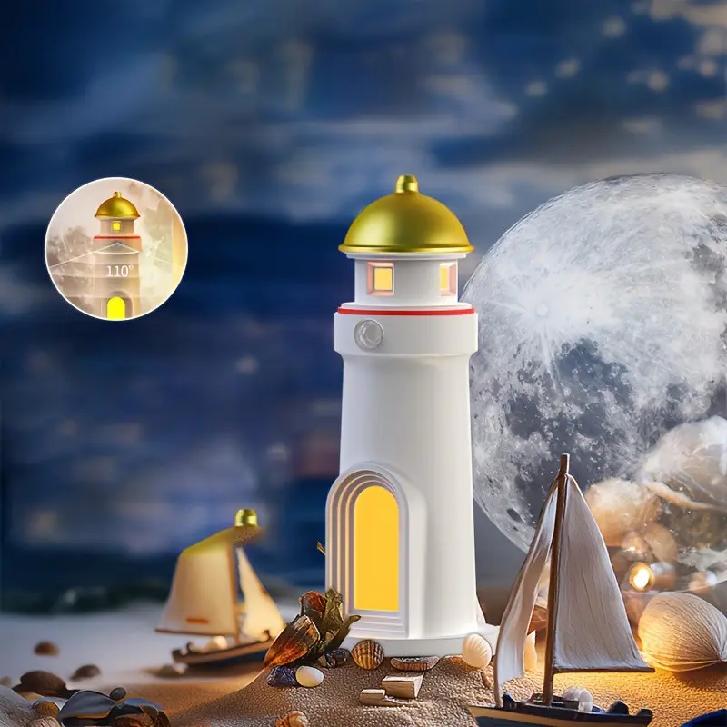 Moonlight Lighthouse Projection Lamp with Smart Motion Sensor Night Light, Adjustable Brightness, USB Rechargeable Lighting, Bedroom Bedside Lamp, LED Moonlight Projection Ambient Light, Ceiling Wall Decorative Lamp, Detachable Base, For Bedroom, Holiday