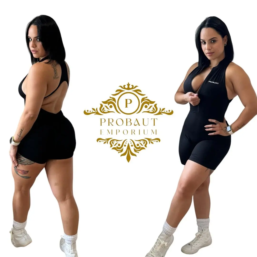 Black Mock Neck Front Zipper Romper