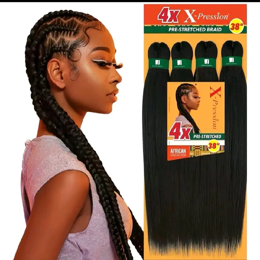 XPRESSION 4X Pre-Stretched Braid 38" - Sensationnel Braids, 100% Kanekalon, 4X African Braid, 38" Length, Pre-Stretched for Easy Styling