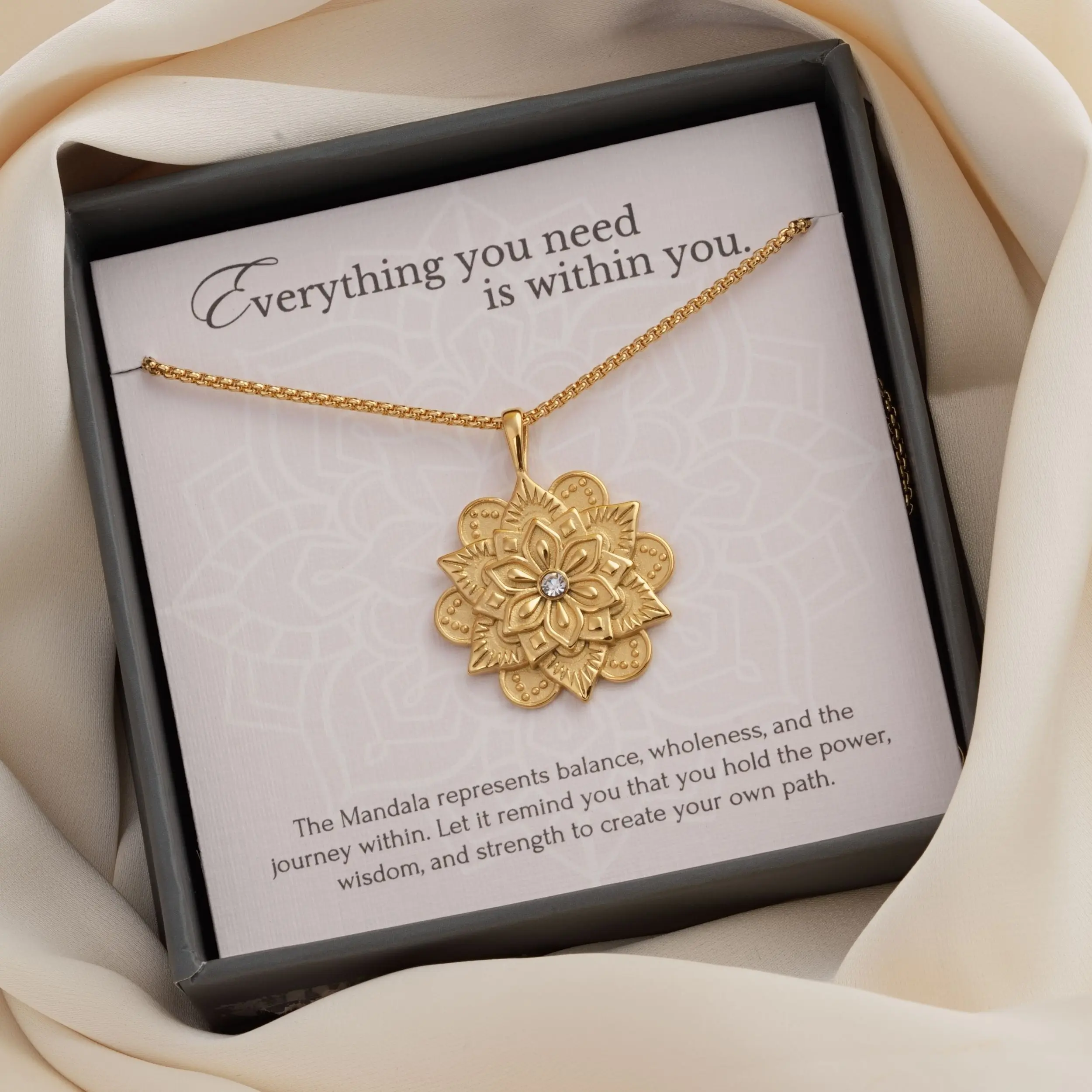 Mandala Gold Necklace - Inspirational Gift for Women - 18K Gold Plated Stainless Steel with Engraved "Everything You Need Is Within You" - Adjustable Fit