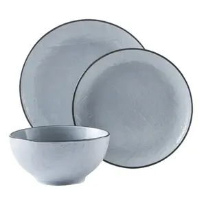 12-Piece Stoneware White Dinnerware Set, light Blue Cutlery Tableware